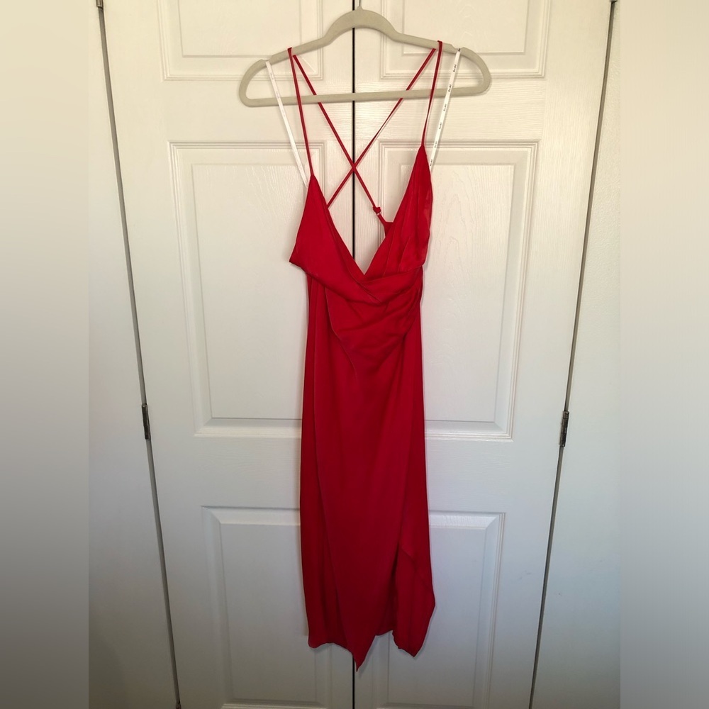 Red Bardot Satin Cross Back Slit Midi Dress Size US 6/S